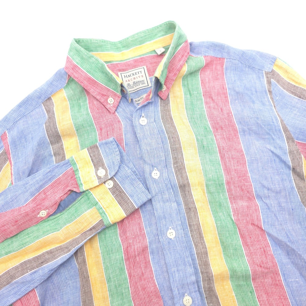 Hackett Archive Re-Editions Mens Large Slim Fit Multi Color Striped Linen Shirt